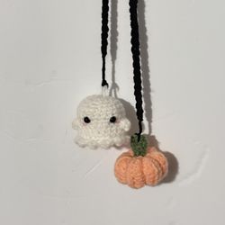 Halloween Decor - Handmade Crochet Ghost & Pumpkin Car Charm – Cute Halloween Rearview Mirror Decoration