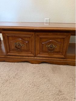 Vintage Riverside Solid Wood Coffee Table / Media Console w/ Hidden Storage | MCM Traditional