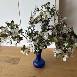 Synthetic Dogwood Flower Floral Arrangement, 27” WideX24” Tall w/Blue Vase 8” Tall.