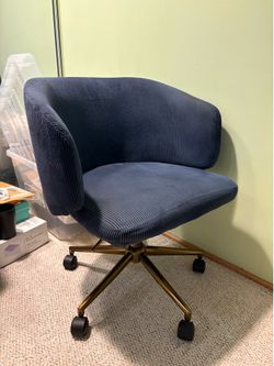 Corduroy Desk Chair with Wheels, Home Office Swivel Armchair with Bronze Base, Back Incline Adjustable for Vanity Make-up