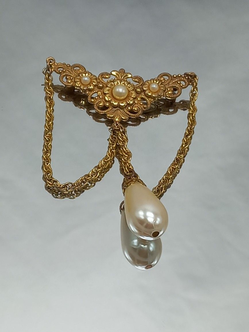 Miriam Haskell Signed Brooch Faux Pearls