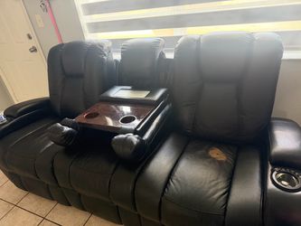 Black Leather Reclining Sofa with Console