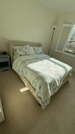 Queen Size Upholstered Bed Frame + Brand New Firm Mattress – $900 OBO