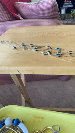 3 Strand Necklace With Antique Brass Finish And Navy Blue Stones