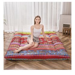MAXYOYO Bohemian Retro Floor Mattress Vintage Floral Japanese Futon Mattress Roll Up Thicken Sleeping Bed Portable Camping Mattress Floor Lounger Couc