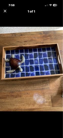 Wood Serving Tray with Blue Tile Inlay