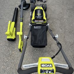 Ryobi ONE+ HP 18V Brushless 13in. Cordless Battery Walk Behind Push Lawn Mower, Blower & String Trimmer