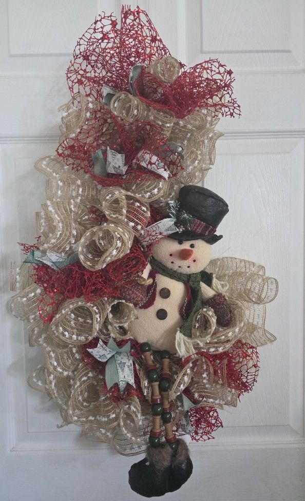 Upside-down Candy Cane With Vintage Snowman's