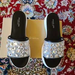 MICHAEL KORS COLLECTION CRYSTAL EMBROIDERED LEATHER RUNWAY PLATFORM SLIDES 