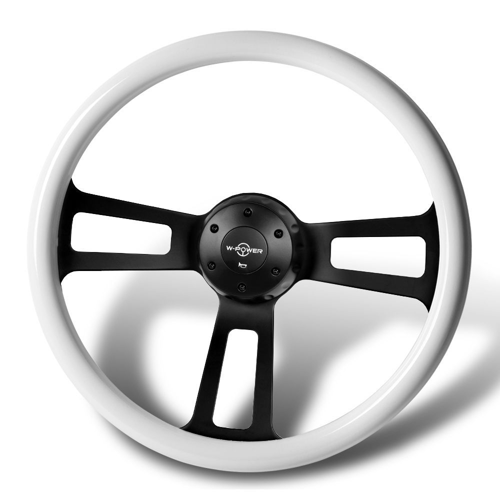 W-Power 432mm White Wood Grip 5-Hole Aluminum Black Spoke 17-Inch Steering Wheel -(3-SW-8965-BK-WH