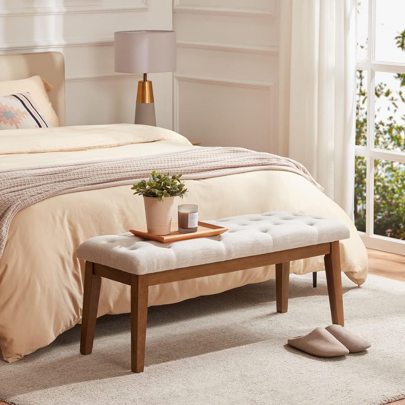 Bedroom bench, end of the bed, upholstered dining bench for