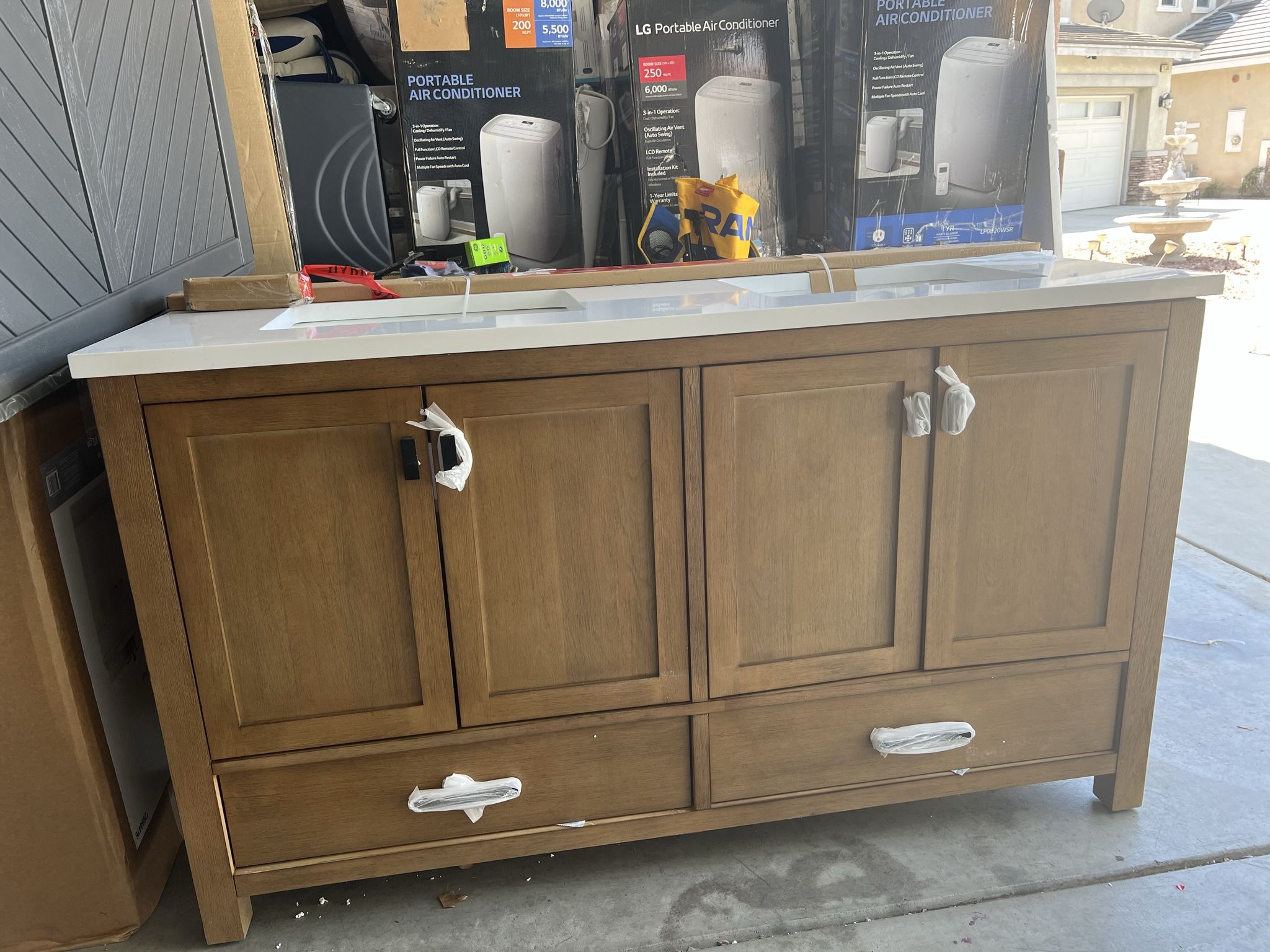 allen + roth Ronald 60-in Almond Toffee Undermount Double Sink Bathroom Vanity with White Engineered Stone Top