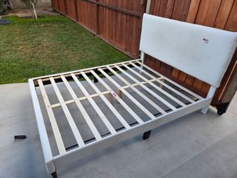 White Upholstered Platform Bed Frame with Headboard