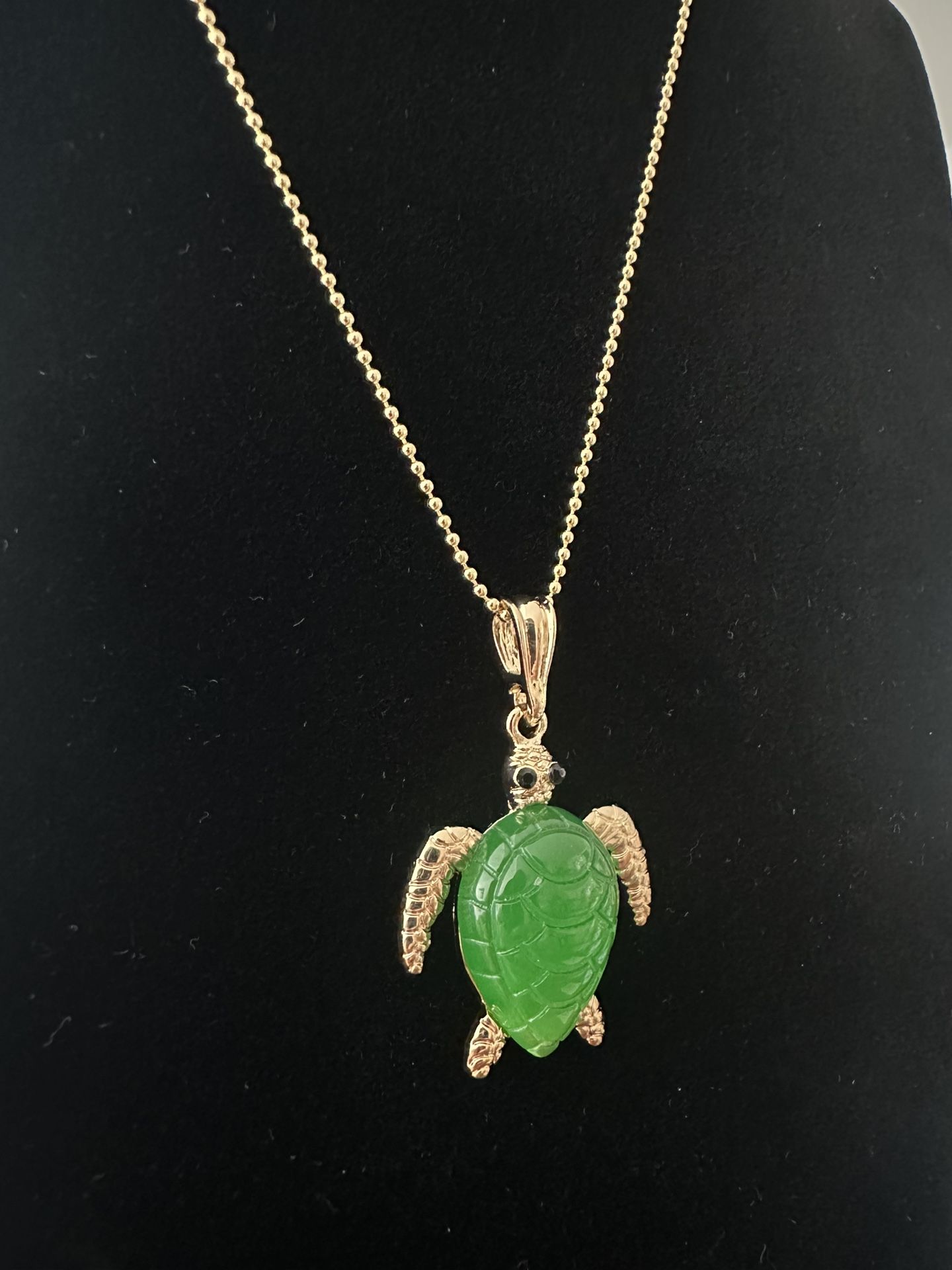 14K Gold Over 925 Turtle Pendant with Simulated Green Jade + 20” Chain
