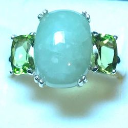 Jade & Tourmaline Sterling Ring Sz 10