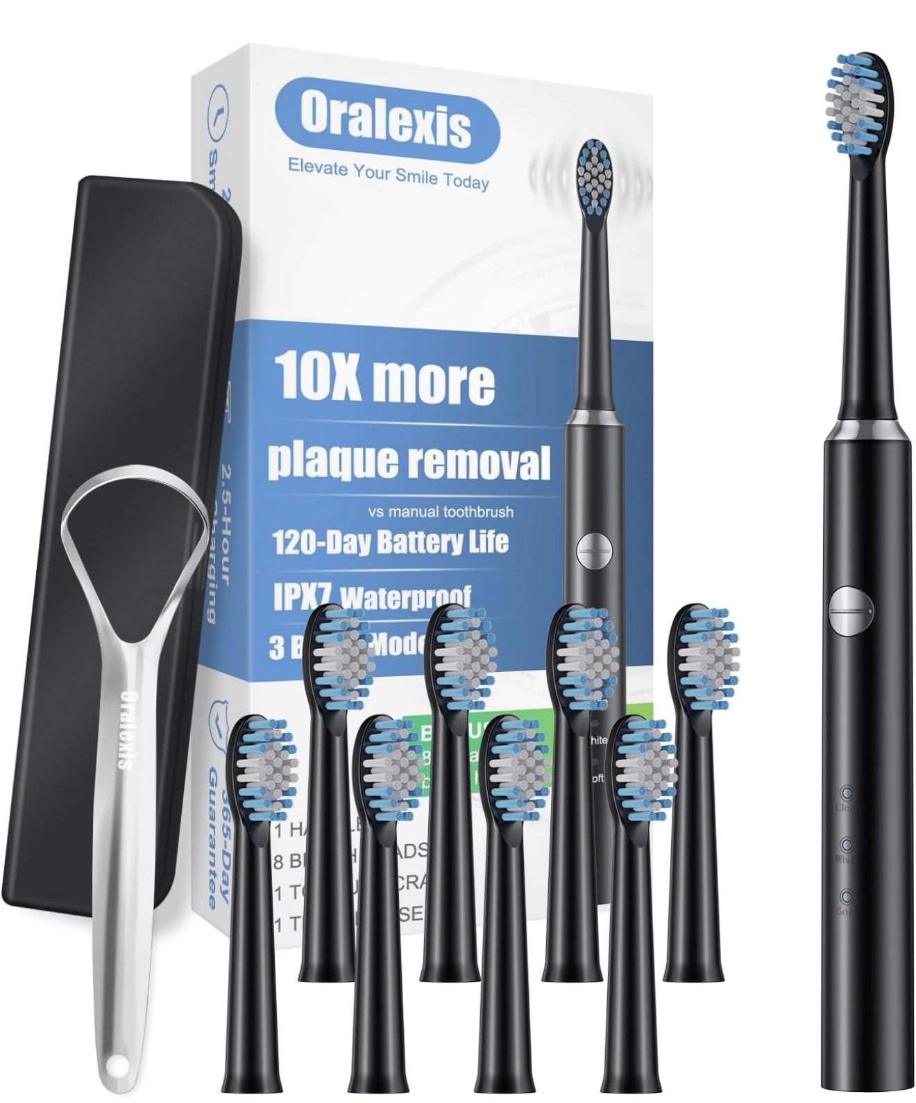 Electric Toothbrush for Adults and Kids [NEW], with Tongue Scraper and 8 Brush Heads, One Fast Charge Last 120 Days, 40000 VPM Deep Clean, Sonic Trave