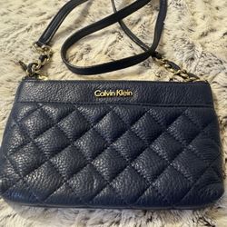 New! Calvin Klein Blue Diamond Quilted Leather Crossbody Clutch Bag