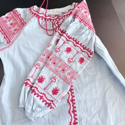 Peasant top light denim embroidered small lantern sleeves button up blouse women 