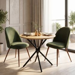 Homy Casa FONTANA+HAVEN 3PC Dining Set 31.5” Round Table with 2 Haven Verita Green Upholstered Chairs, Natural & Walnut Finish