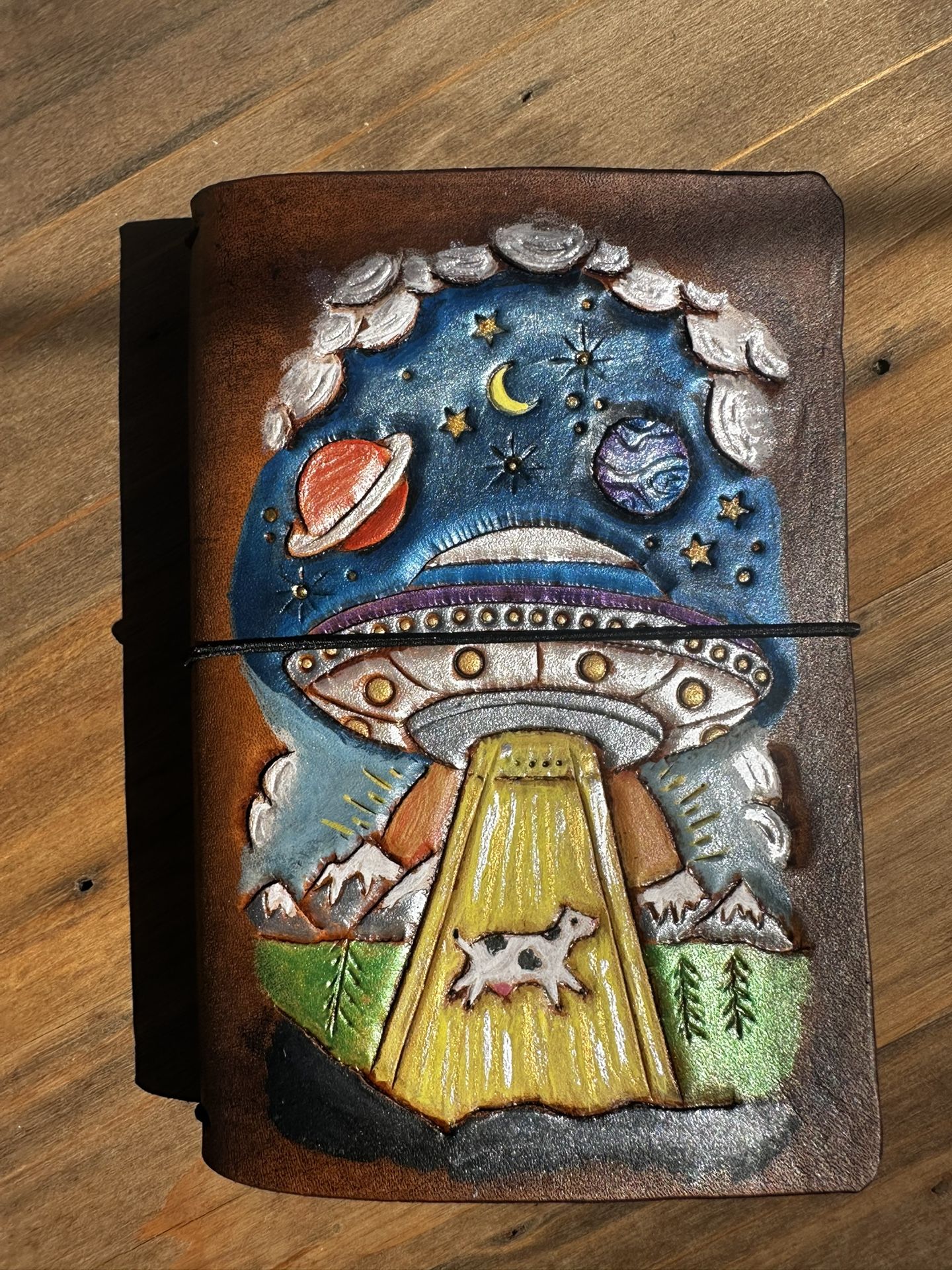 A6 Travelers Notebook UFO And Cow Handtooled 