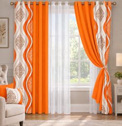 Orange Grommet Curtain Panels with Floral Border