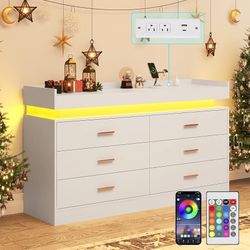 6 Drawer Dresser with Charging Station and LED Lights, Modern Chest of Drawers with Power Outlet, Organizer Cabinet for Bedroom, Living Room, White