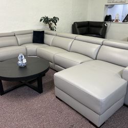 Furniture- 100% Real Top Grain Leather Sectional With 2 Power Recliners- Nevio
