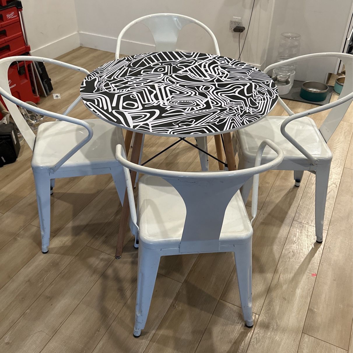 Modern Table + Vintage Stackable Metal Chairs
