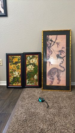 Framed Artwork - Tiger, Lotus Flowers