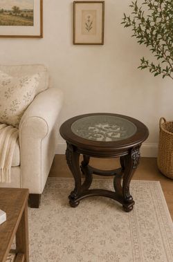 Round Dark Wood Side/End Table with Glass Top