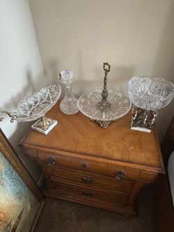 Antique Chrystal 2 Vases plus 1 tray with holder with bronze, 1 drink shtof, all 4 sell together!