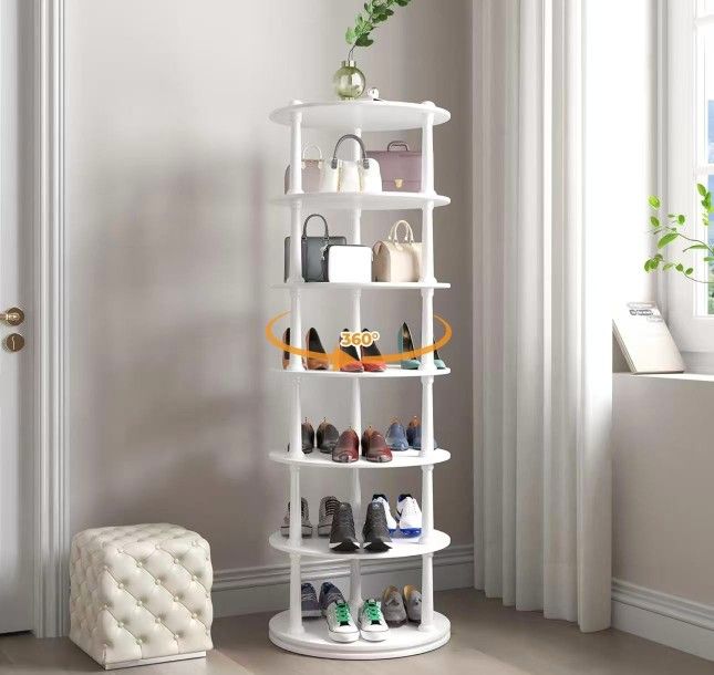 New assembled 6-Tier 360° Rotating Storage Rack with Roman Column Design - Small Space Closet Organizer, Multipurpose Shoe Rack Cabinet for Entryway, 
