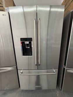 Kitchenaid Counter Depth French Door Refrigerator with Wood Grain shelves and Soft Close