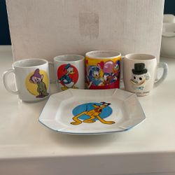 Vintage Porcelain Disney Mugs And Plate 4 Pieces 