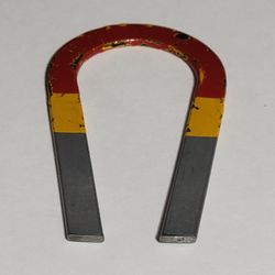 Vintage 1960s Classic Horseshoe Magnet Red Yellow Silver 5" Toy Steel.

