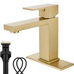 Modern Single Hole Lavatory Vanity Faucet, Single Handle Bathroom Sink Faucet Gold, with Pop Up Drain & Water Supply Hoses