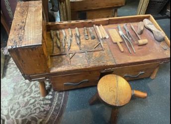 Antique Wood COBBLER'S BENCH 10 Drawers, Stool And Tools Included 1880’s