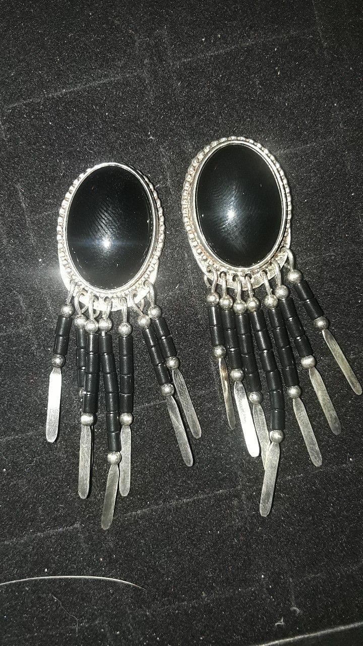 Genuine Sterling Silver 925 Black Onyx Tribal Native American Mexico Earrings