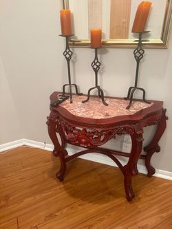 Carved Wood Console Table with Marble Top