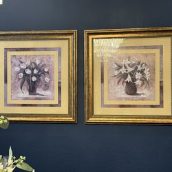 Elegant Pair of Framed Floral Art  (Rustic Gold Frames)