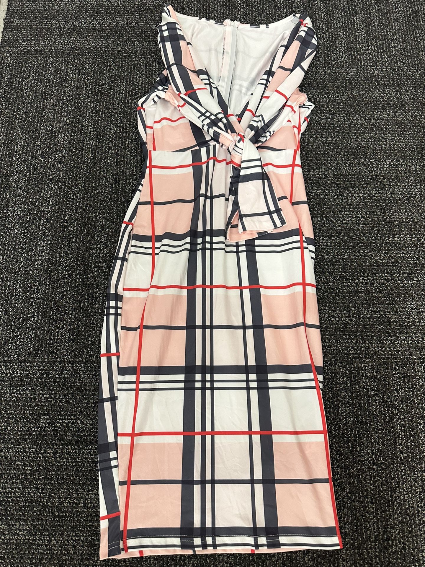 Chic Women’s Off-Shoulder Bodycon Dress – Pink Plaid Checkered Print Size Small