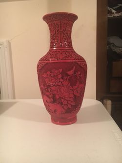 Antique 13” Chinese cinnabar brass vase