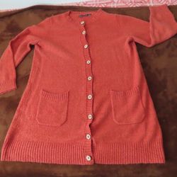 Gudrun Sjoden Cardigan Sweater MEDIUM Pockets Button Long Orange Alpaca Organic