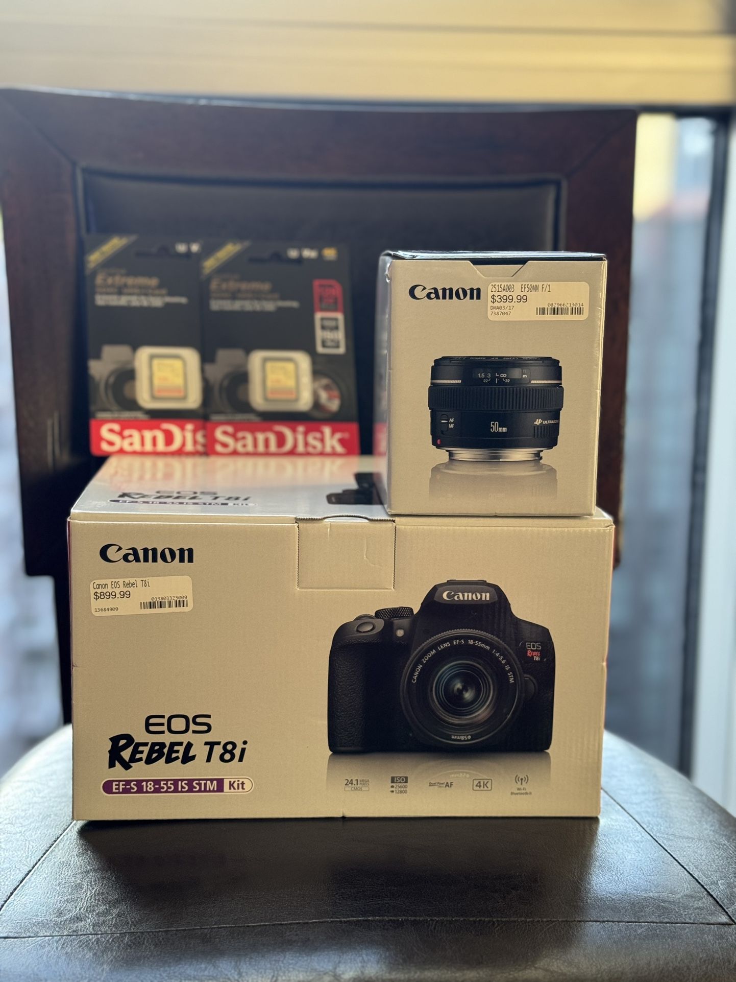 Canon EOS Rebel T8i EF-S 18-55mm STM Lens Kit w/ Canon EF 50mm f 1.4 EF and 128gb Cards