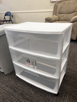 Wide 3 Drawer Cart, Clear Plastic Storage Drawers, Wheels Included, White, New