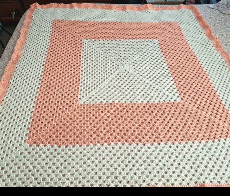 Afghan Hand Crocheted Afghan 50" x 50" Light Coral & Sugar Cookie 100% Acrylic 50 x 50 Loops & Threads Lt. Coral and Bernet Sugar & Cream. machine was