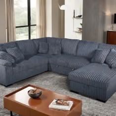 New Corduroy Sectional W Pullout Bed / Storage Ottoman.  Dark Grey Or Chocolate.  97”x123”x66”Hx38”H.  Free Delivery!