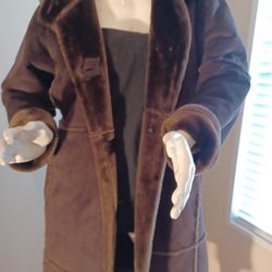 BEAUTIFUL FULL LENGTH WASHABLE SUEDE COAT FULLY FLEECED  WINTER LINED $60. see Description.ALSO BROWN BERET $10.