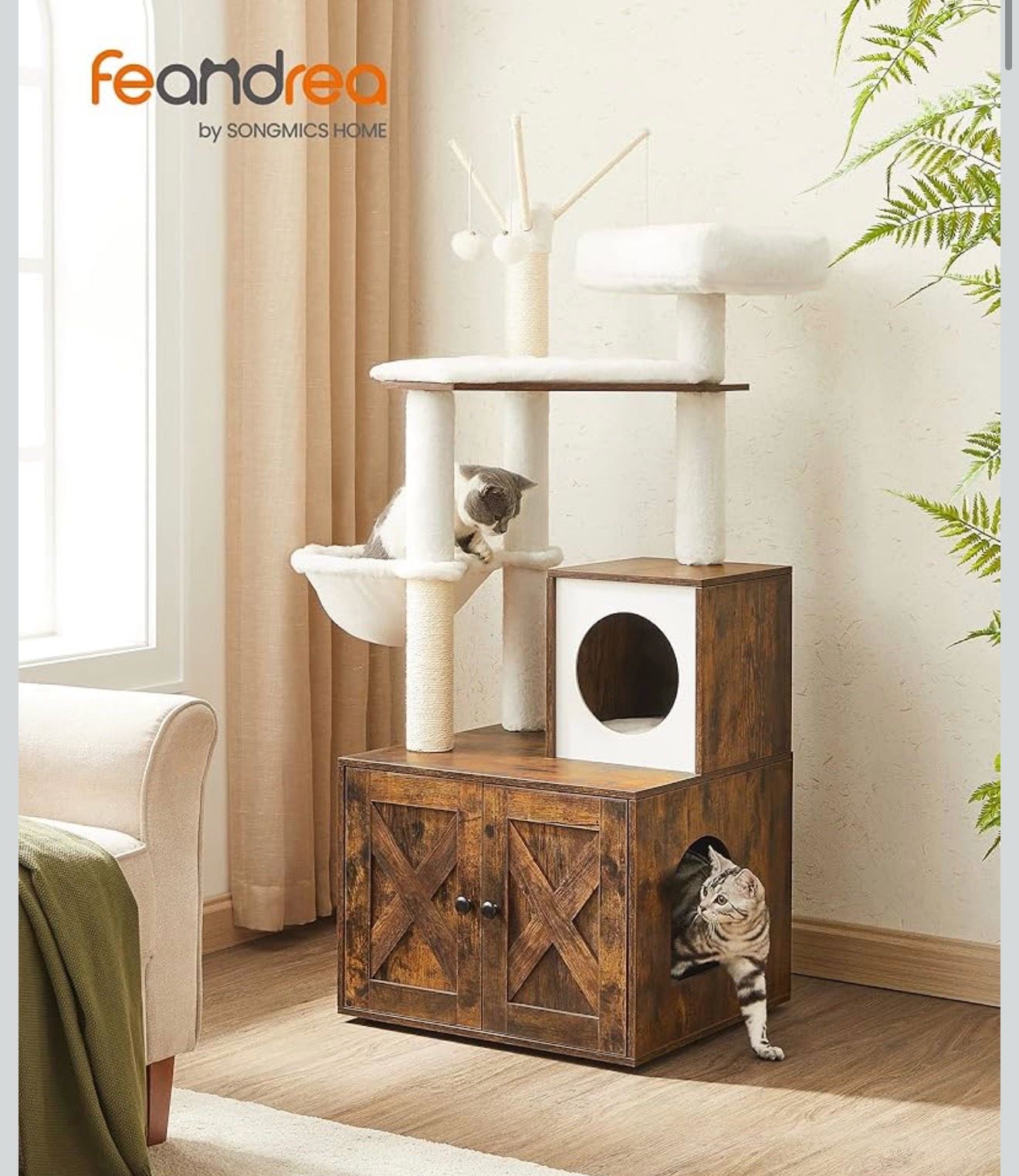 Cat Tree with Litter Box Enclosure, 59-Inch Modern Cat Tower, 2-in-1 Condo with Scratching Posts, Washable Removable Cushion, Rustic Brown UPCT113X01