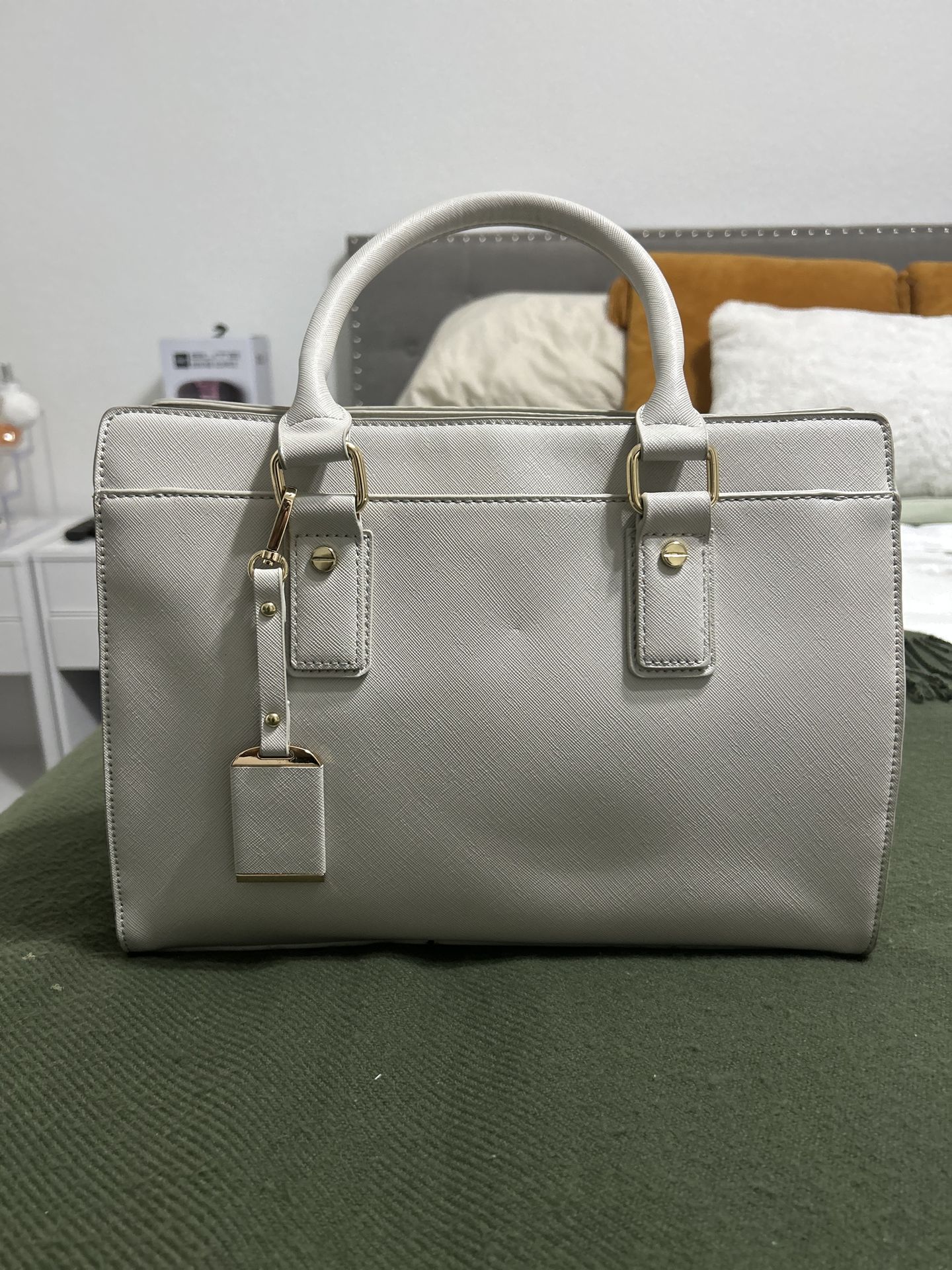 Mystique Medium Satchel Handbag with Gold-Tone Hardware, Ivory Beige